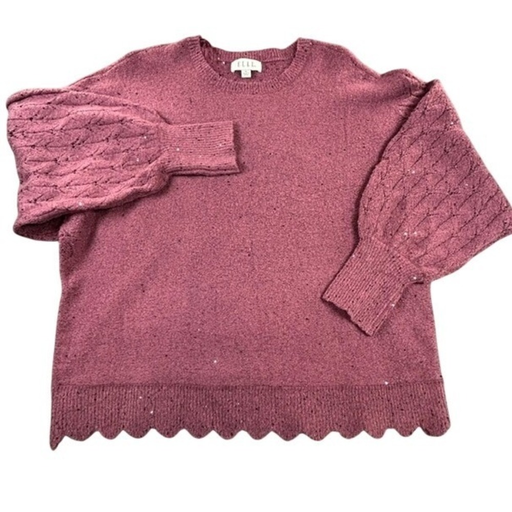 Elle Women's Mauve Pink Crewneck Knit Sweater XL Scallop Hem Rhinestone Accents